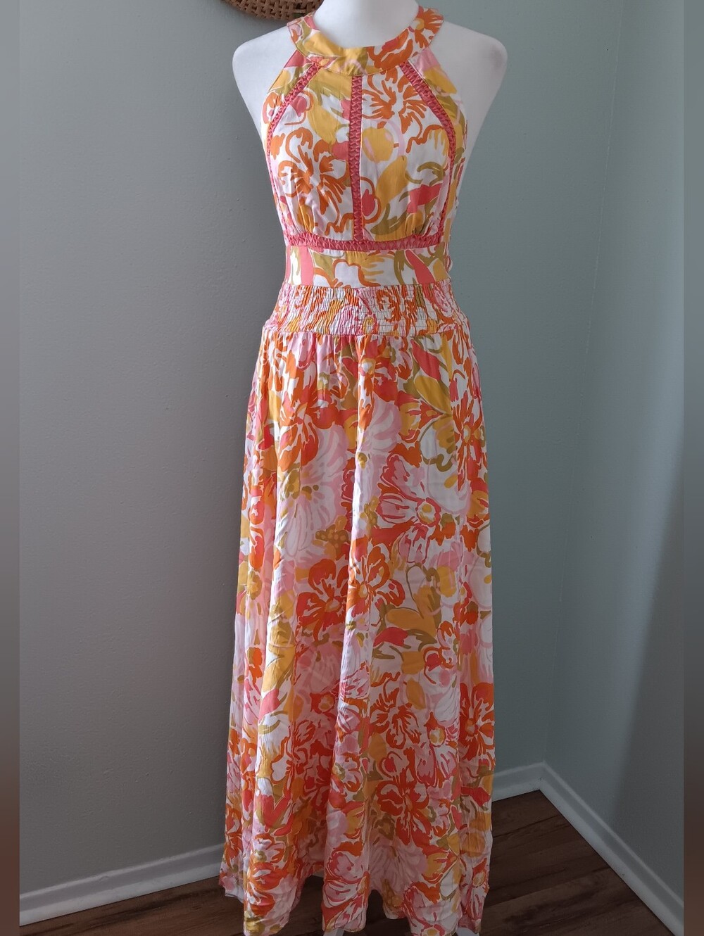 Sleeveless Floral Halter Maxi Dress in Orange & Yellow